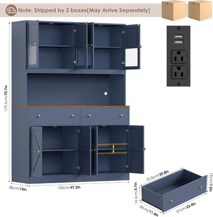 FINETONES 71" Pantry Cabinet with LED Light and Charging Station | Farmhouse Kitchen Pantry Cabinet with Microwave Stand, 47.2" Wide Kitchen Hutch Food Pantry with Open Countertop, Blue