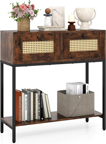 GOFLAME Rattan Console Table, Boho Entryway Table with 2 Drawers & Open Storage Shelf, Narrow Long Sofa Table with Metal Legs, Foyer Table Behind Couch Table for Living Room, Hallway, Rustic Brown