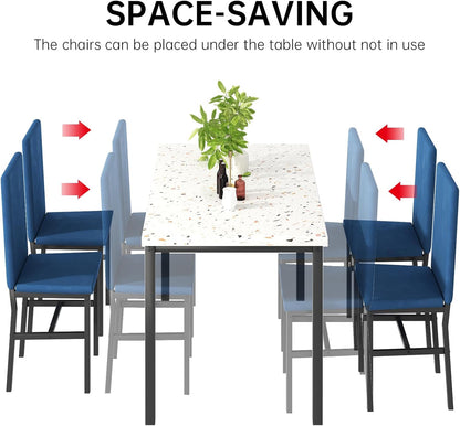 AWQM Dining Table Set for 4, Modern Faux Marble Dining Table Set with 4 Upholstered Velvet Chairs, Dining Room Table Set for Kitchen, Breakfast Nook, Dining Room, Blue