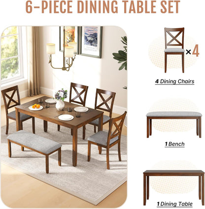 Zevemomo 6-Piece Wooden Dining Table Set, Wooden Legs Dining Table, Walnut | Dining Table Set for 6, Including 1 Dining Table, 4 Upholstered Chairs and 1 Bench, Table Set for Dining Room & Kitchen