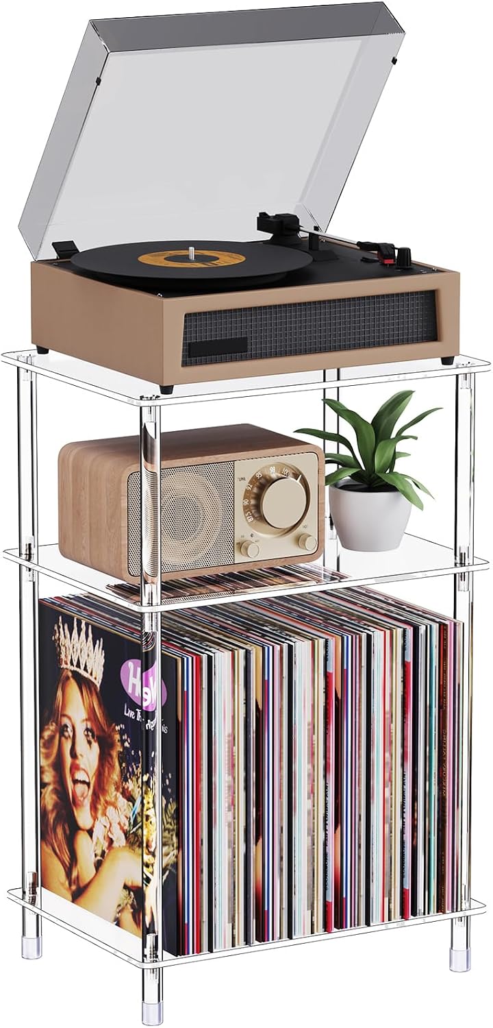 Clear Acrylic Record Player Stand with Vinyl Storage, 15.75" L x 11.81" W x 24.5" H, 3 Tier Small Side Turntable Table with Album Shelf, Modern Bedside End Table for Living Room, Bedroom