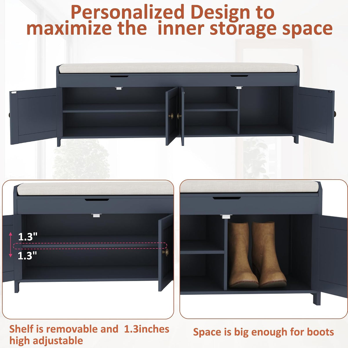 HOMEFORT 54.4" Shoe Bench with Lift Top Storage, Entryway Bench with Cushioned Seat, Wooden End of Bed Bench, Shoe Cabinet Bench with Hidden Storage Space, for Bedroom, Hallway,Blue