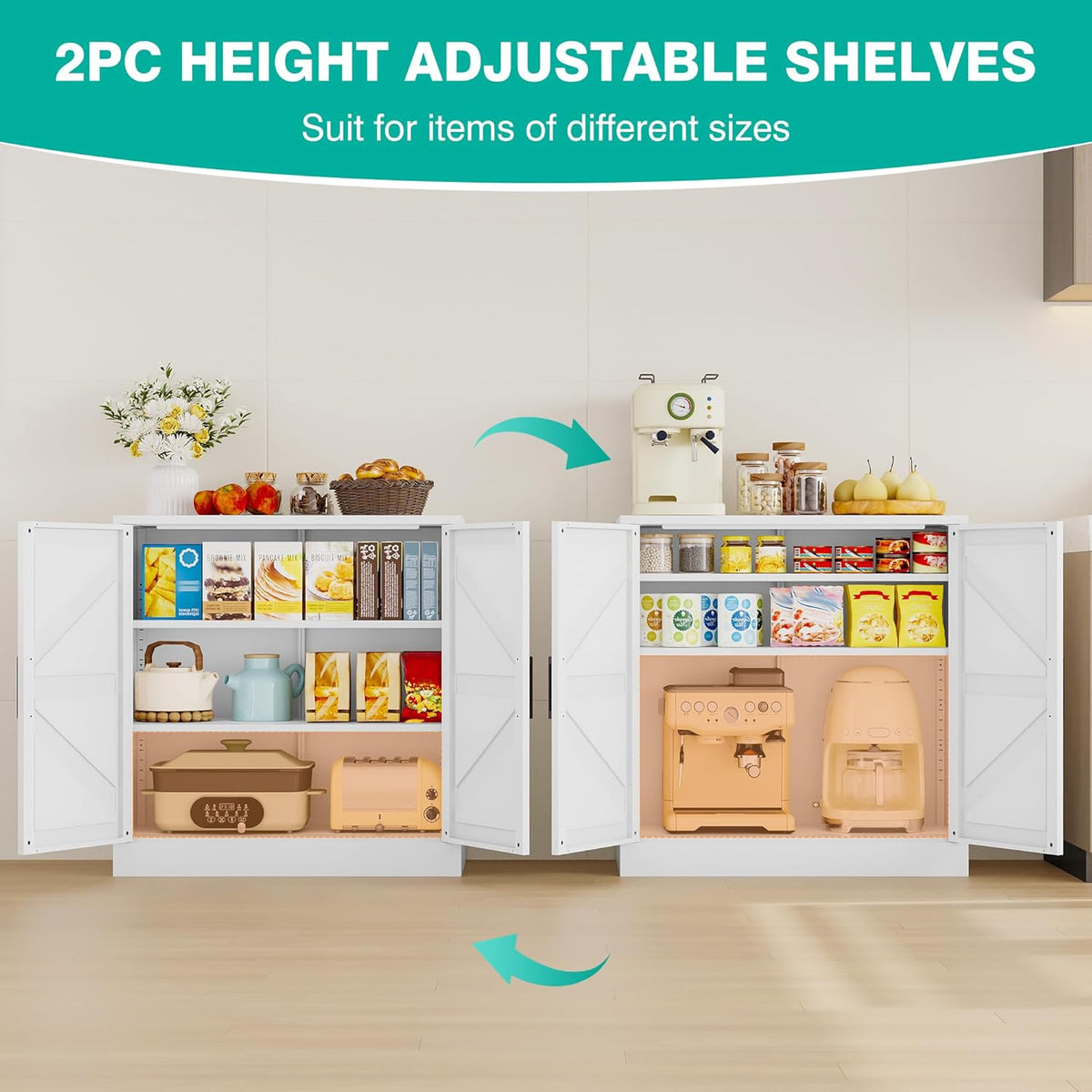 White Storage Cabinet with Doors and Adjustable Shelves,36" Farmhouse Food Pantry Cabinets,Small Sideboard Cabinet,Short Metal Storage Cabinets for Home Kitchen,Dining/Living/Laundry/Room