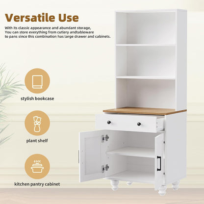 DSHADE Farmhouse Pantry Cabinet with 4 Solid Wood Gourd-Shaped Legs, Modern Kitchen Cabinet with Adjustable Shelves, 5 Tier Bookshelf with Drawer for Living Room, White