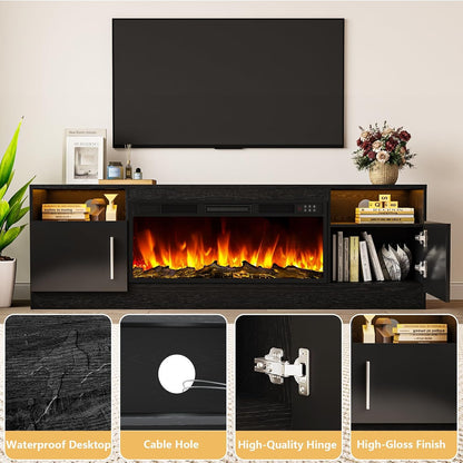 Tavata Fireplace TV Stand 70" Entertainment Center with 36" Fireplace, Wooden TV Stand for TVs Up to 80", Media TV Console with High Gloss Storage Cabinet and 20 Colors LED Lights (Black)
