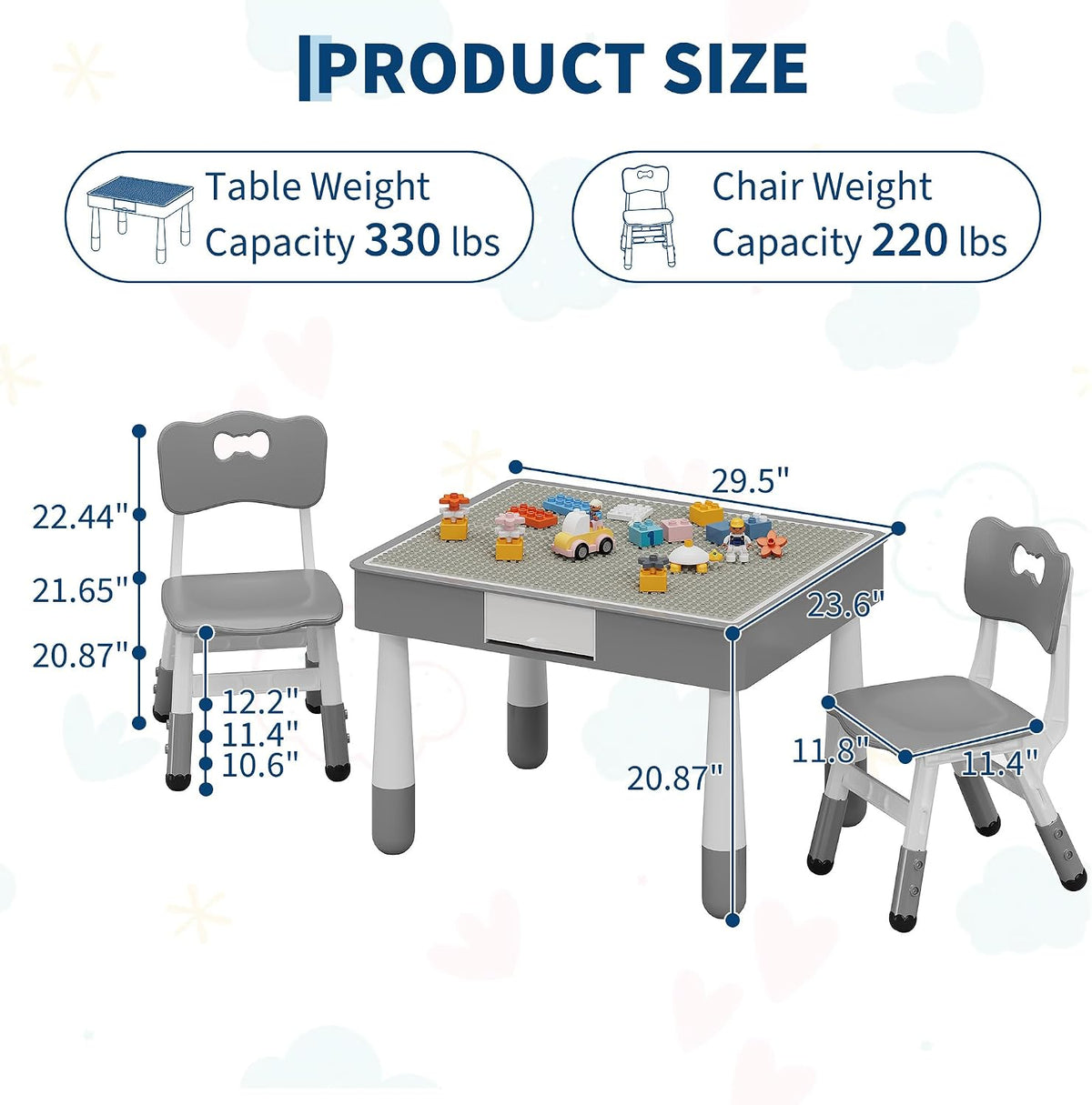 4-in-1 Kids Activity Table Set with 2 Adjustable Toddler Chairs, Double-Sided Reversible Building Block & Graffiti Drawing Tabletop, for Reading, Drawing, Dining & Block Play, Gift for Kids