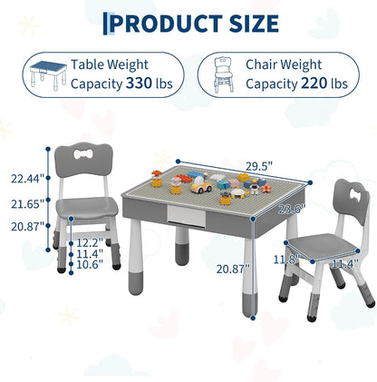 4-in-1 Kids Activity Table Set with 2 Adjustable Toddler Chairs, Double-Sided Reversible Building Block & Graffiti Drawing Tabletop, for Reading, Drawing, Dining & Block Play, Gift for Kids