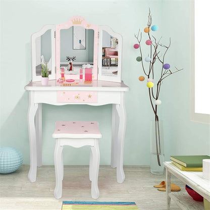 NC Pink Kids Vanity Set Wood Makeup Table and Chair Set for Little Girls Princess Child Vanity Desk Tri-Fold Mirror Dressing Table with Drawer (Pink Star Style)