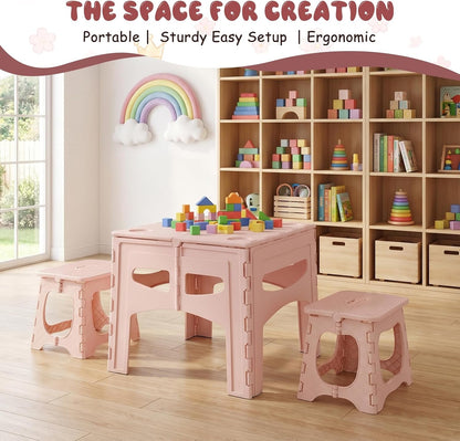 3-Piece Plastic Kids Folding Table and Chairs Set, Portable Activity Furniture with 2 Foldable Chairs for Playroom, Crafts, Snacks, Learning, Indoor Outdoor Use and Small Spaces Light Pink