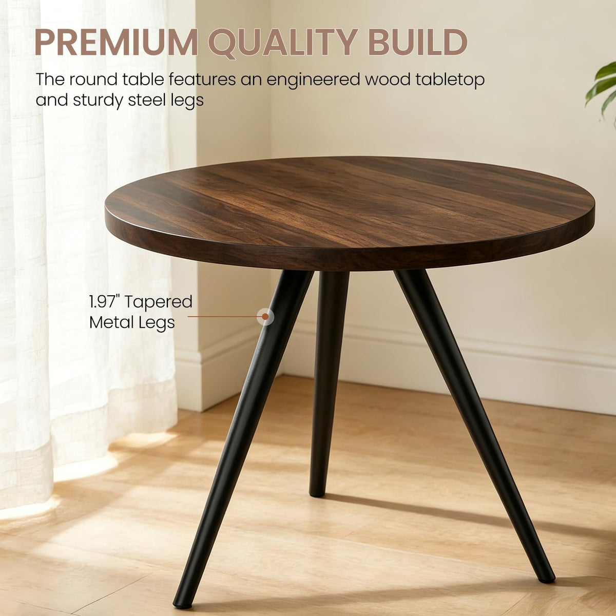 34.6" Round Dining Table Set for 2, Walnut Small Dining Room Set | Space-saving MDF Tabletop, 2 Beige PU Leather Chairs, Great for Modern Kitchen, Coffee, Restaurant, Office, Sturdy & Seamless