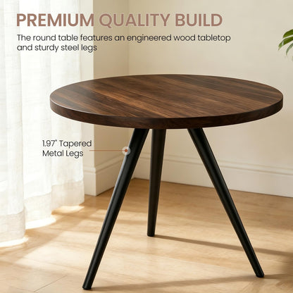 34.6" Round Dining Table Set for 2, Walnut Small Dining Room Set | Space-saving MDF Tabletop, 2 Beige PU Leather Chairs, Great for Modern Kitchen, Coffee, Restaurant, Office, Sturdy & Seamless
