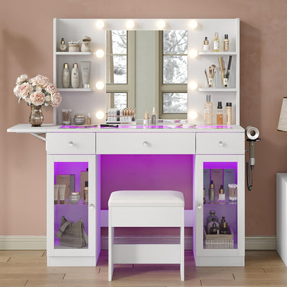 Yanosaku Makeup Vanity Desk with Mirror and Lights, RGB Lighted Vanity Desk with Power Outlet, 3 Drawers & 2 Large Tempered Cabinets, Fold-up Panel, Glass Top Vanity with Chair for Bedroom, White