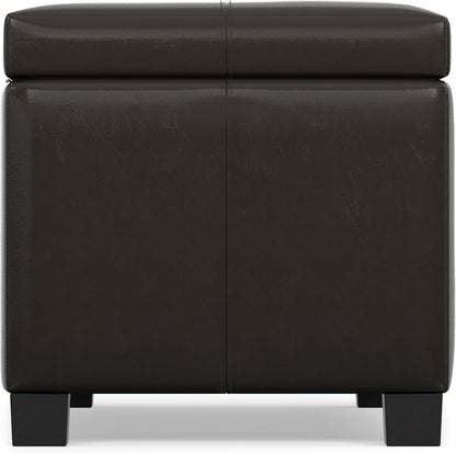 SIMPLIHOME Dover 36" Wide Vegan Leather Storage Ottoman in Tanners Brown | Contemporary ottoman with lift-top and safety hinges; upholstered rectangle storage bench for living room and entryway.