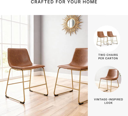 Signature Design by Ashley Crandox Dining Chairs Set of 2, Mid Century Modern Bucket Seat, Faux Leather Upholstery with Gold Legs, Casual Seating for Kitchen and Dining Rooms, Light Brown