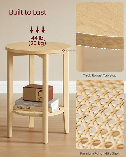 VASAGLE Round Side End Table, 2-Tier Boho Bedside Table with Rattan-Look Storage Shelf, Nightstand for Small Spaces, for Living Room, Bedroom, Home Office, Oak Beige ULET296Y01