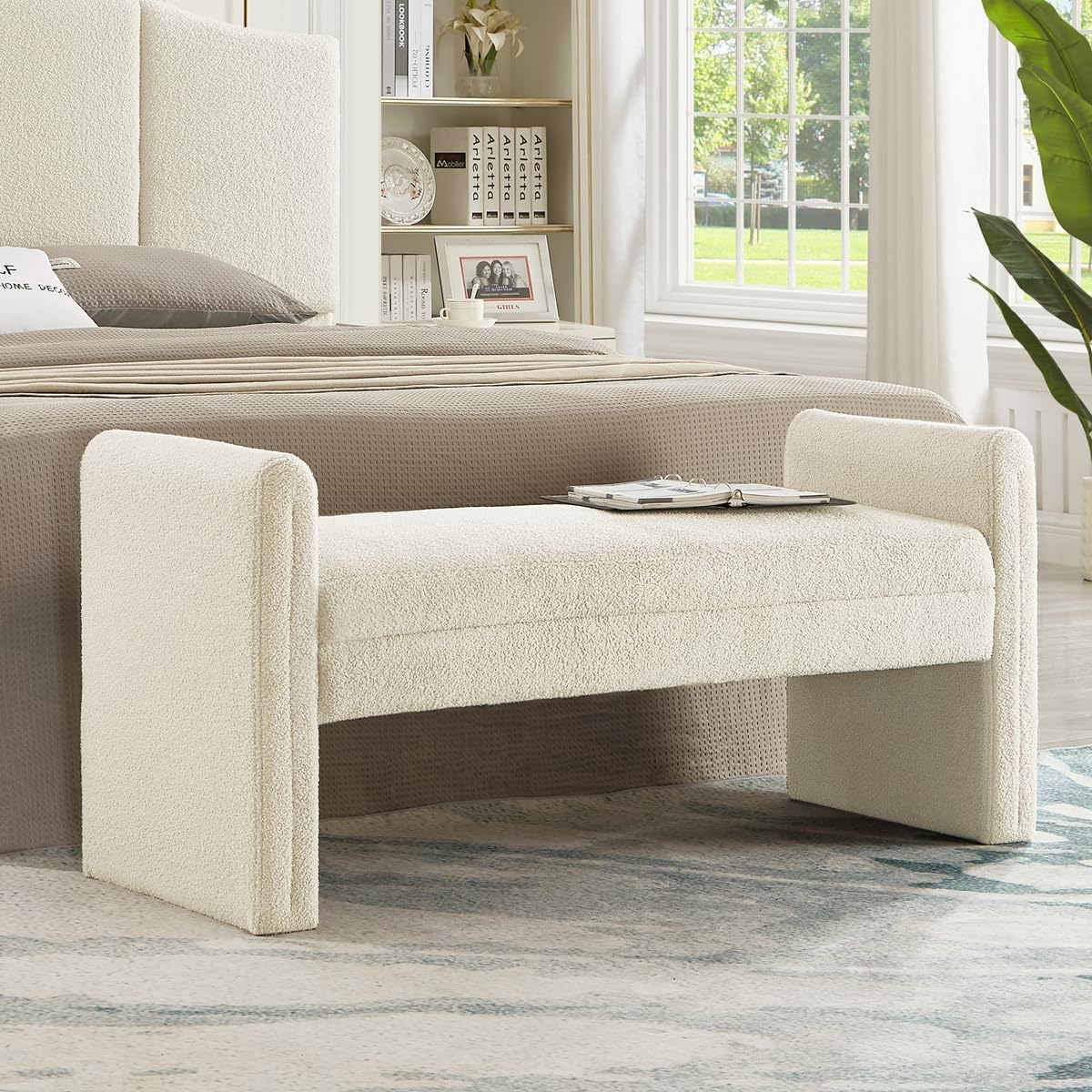 24KF Modern Upholstered Bed Bench Covered with Soft Boucle Teddy Fabric, Lovely Entryway Bench Ottoman with Armrest,5062-Cream