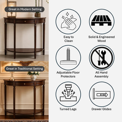 Decor Therapy Truro Half Round Console Table, Traditional Entryway Table with Drawer and Lower Shelf, Classic Hall or Sofa Table for Foyer, Living Room, Walnut
