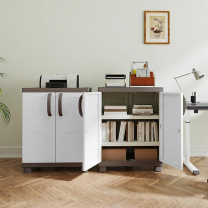 GIANTEX Storage Cabinet with 2 Doors and Adjustable Shelves, Modern Plastic Base Garage Organizer, Floor Sideboard for Kitchen, Dining Room, Bathroom (Wide-29"x19"x37",White+Brown)