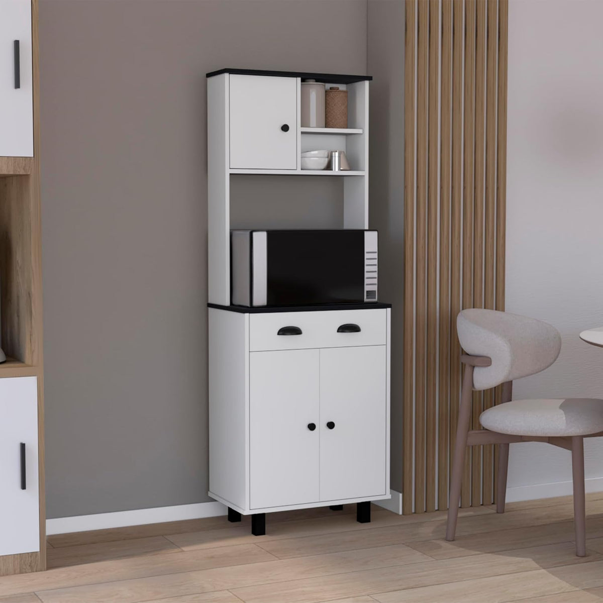 Modern Farmhouse Kitchen Pantry - White/Black Storage Cabinet with 3 Doors & Drawers | Space-Saving for Small Kitchens