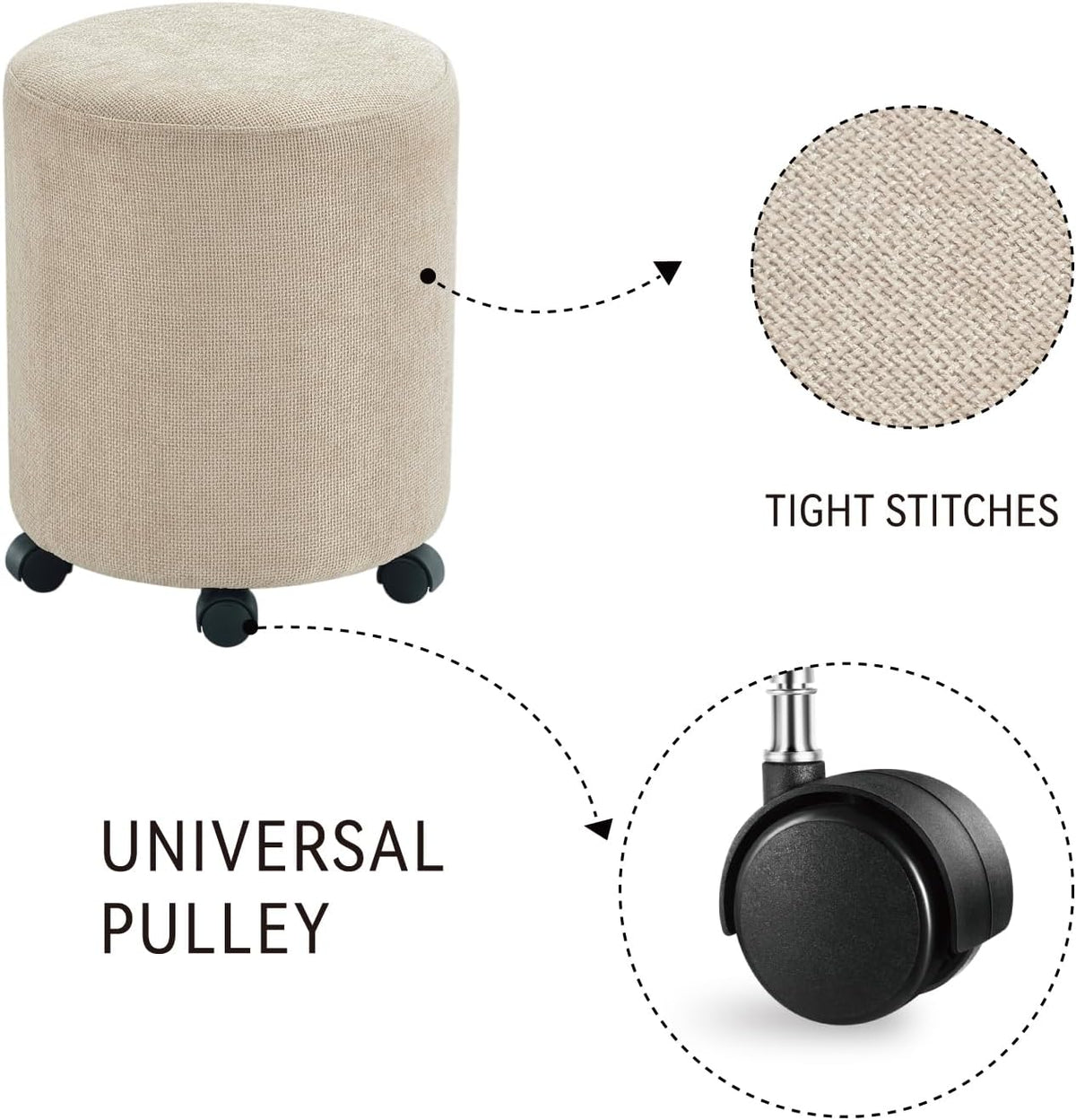Get Set Style Ottoman with Wheels, Rolling Vanity Stool for Makeup, Upholstered Vanity Rolling Chair Footrest Round Ottoman Foot Stool for Living Room, Bedroom Creamy