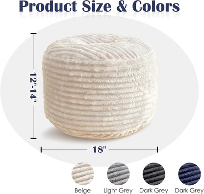 SHOUREN Stuffed Round Ottoman,Corduroy Pouf Ottoman Foot Rest with Foam Filling,Pouf Storage Ottoman Footstool for Living Room,18 X 14 Floor Poufs for Couch - 18 X 14 Inches,Beige