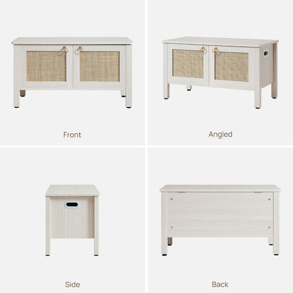 SICOTAS Rattan Shoe Rack Bench with Lift Top Storage: White Farmhouse Boho Shoe Cabinet Entryway Bench with Safety Hinges, Wooden Storage Chest for Bedroom, Entryway, Hallway, Living Room