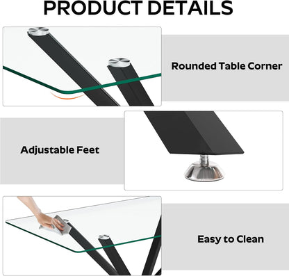 5 Pieces Modern Luxury Glass Dining Set, Minimalist Rectangle Dinner Room Set for 4, 47'' Clear Glass Top Kitchen Table Set with Black Base, Blue Tufted Chairs, for Small Apartment Home