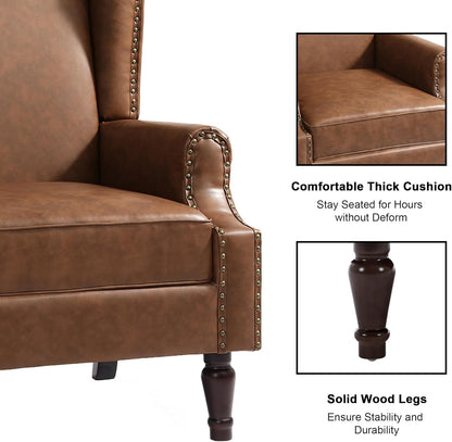PU Leather High Back Accent Chair, Upholstered Armchair with Solid Wood Legs, Comfy Wingback Reading Single Sofa Chair for Small Spaces, Living Room, Bedroom(Leather Brown, Set of 2)
