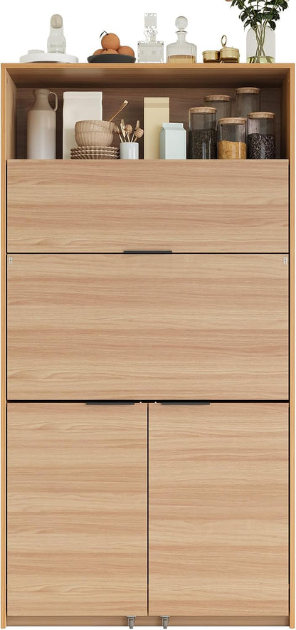 69" Compact Kitchen Pantry with Power Outlet, Freestanding Wooden Kitchen Organizers Storage Cabinet with Hutch and Foldable Workstation, Pantry Buffet with Adjustable Shelf for Dining Room, Natural