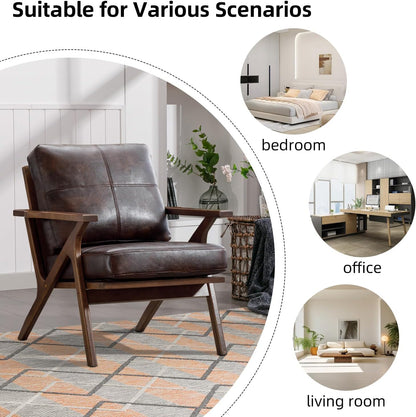 INZOY Mid-Century Modern Accent Chair with Wood Frame Set of 2, PU Leather Living Room Chair and Soft Thick Padded Armchair for Living Room Bedroom Reception with Removable Upholstered Cushions, Brown