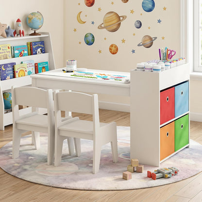 KOTEK Kids Art Table and Chair Set, Kids Craft Table with Paper Roll, 2 Chairs & 4 Storage Bins for Drawing, Reading, Learning, Toddler Activity Play Desk for Playroom or Classroom (White)