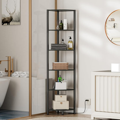 Furnulem 6 Tier Corner Shelf with LED Light, 67.5" Black Narrow Bookshelf | Tall Standing Shelf Organizer, Storage Rack for Wall Corner, Living Room, Bedroom, Metal Frame, Wood Display Shelf