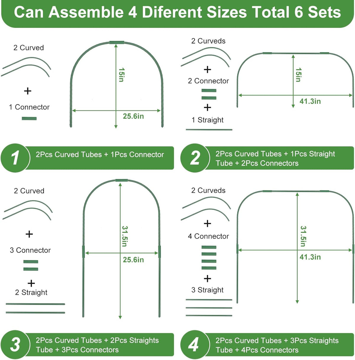 8 Sets 41.3"x31.5" Garden Hoops for Raised Beds, Greenhouse Hoops Grow Tunnel Durable Removable Row Cover Hoops for Garden Netting DIY Kits with 24 Clips