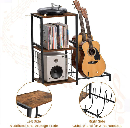 FurnitureR Multifunctional End Table with Guitar Stand, Industrial Style 3-Tier Music Equipment Rack with Wooden Board & Metal Frame, Guitar Stand with Storage Shelves, Holds 2 Guitars, Brown