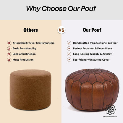 Moroccan Leather Handmade Pouf Ottoman Cover, Unstuffed Foot Stool, Round Boho Footrest for Living Room, Bedroom, Home Decor Gift (Dark Tan By Brown)