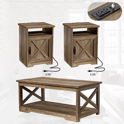 AMERLIFE 3 Piece Farmhouse Living Room Coffee Table Set, Barnwood | Coffee Table & 2 End Tables with Charging Station and USB Ports, Farmhouse Style, Barn Door Design, Living Room Furniture