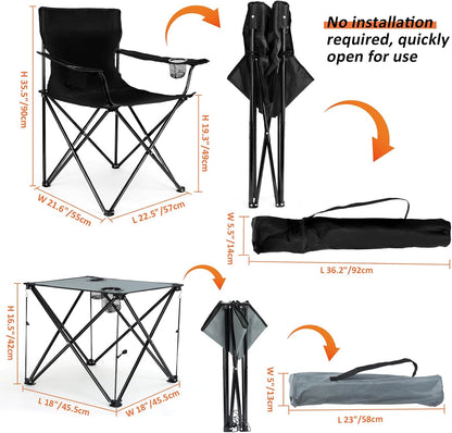 Leonyo 2 Pack Camping Chairs for Adults, Lawn Chairs with Table, Heavy Duty Folding Chairs for Outside Oversized & Comfy Sports Chair for Adults Fishing, Beach, Patio, Hiking, Lawn, Travel - Black