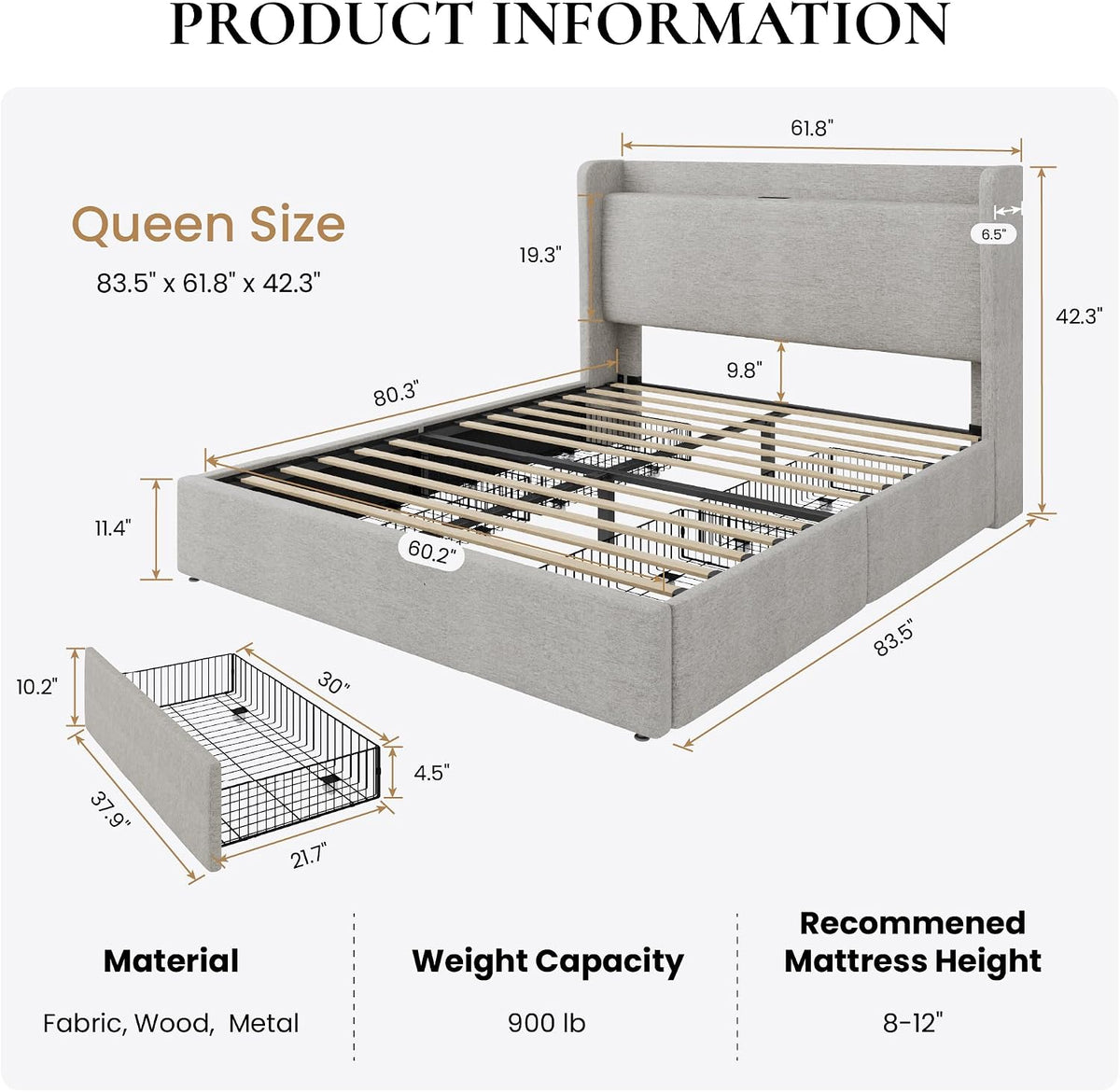 SHA CERLIN Queen Size Storage Bed Frame with 4 Oversized Drawers, Modern Wingback Headboard with Storage Shelf & Charging Station, No Box Spring Needed, Easy Assembly, Light Beige