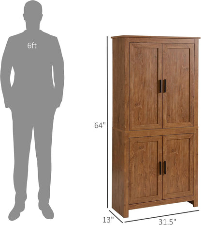 64in Tall Freestanding 4-Door Kitchen Storage Pantry Cabinet with 5-Tier Interior Shelves 3 Adjustable 88lb Maximum Capacity Oak Finish