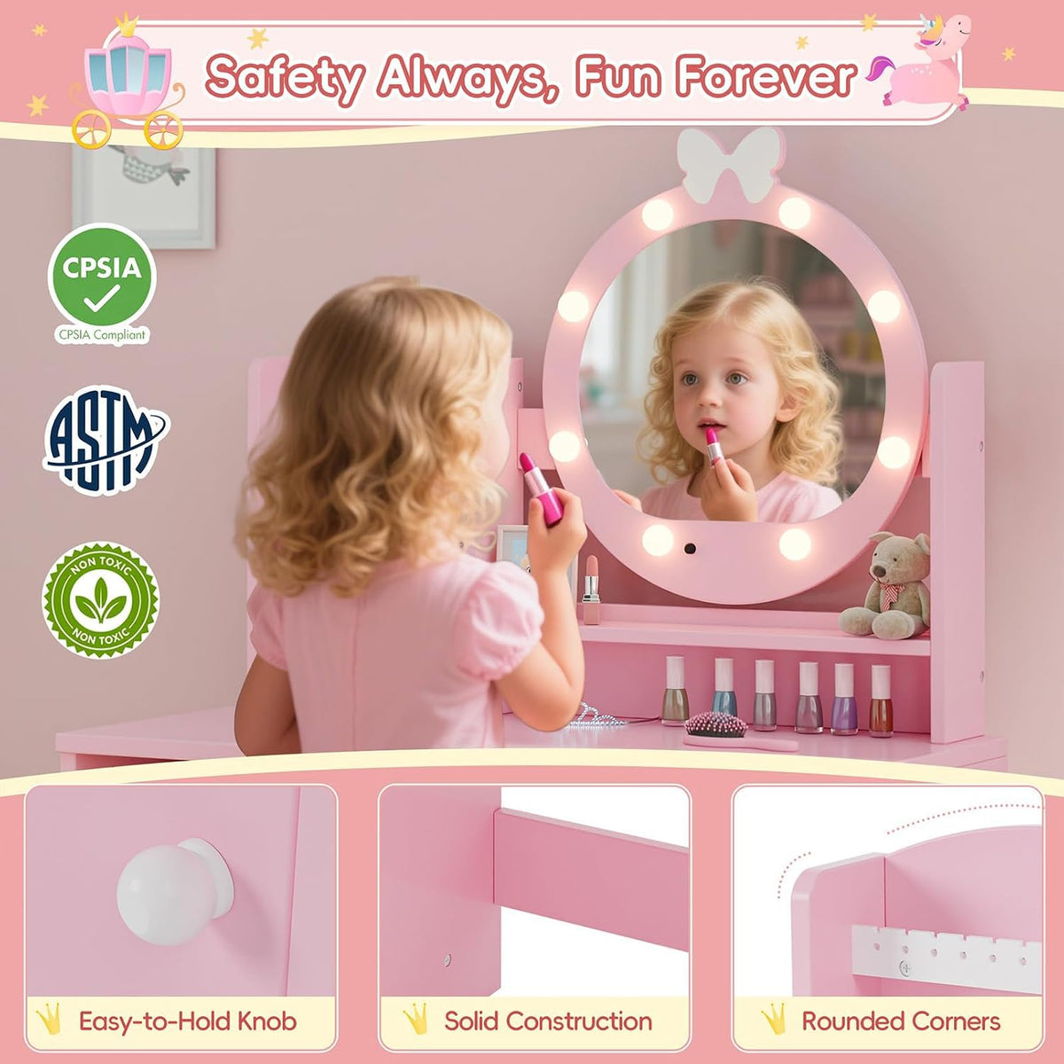 MU Kids Vanity Table and Chair Set – Princess Girls Vanity Set with Mirror, Lights, Jewelry Storage, and Cushioned Stool, Toddler Makeup Vanity for Little Girls (Pink)