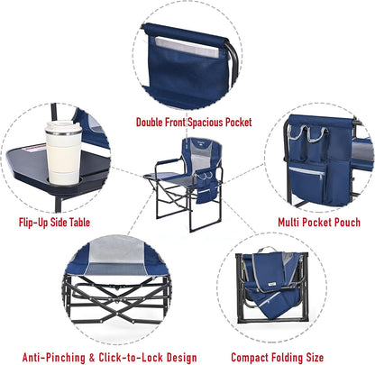 SUNNYFEEL Oversized Camping Chair Portable Directors Chairs with Side Table | Heavy Duty Folding Lawn Chair for Adults 300LBS with Compact Size, Breathable Mesh, Pocket & Carry Bag for Outdoor, Lawn, RV