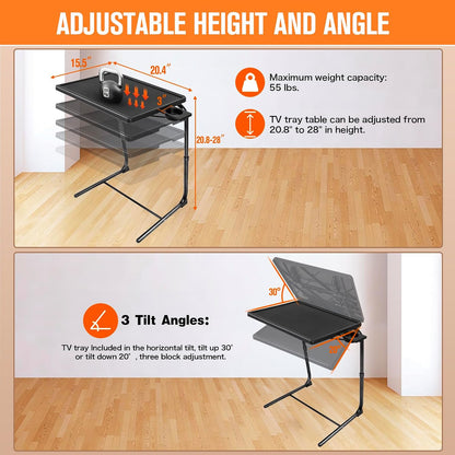 TV Tray Table, TV Dinner Table with 3 Tilt Angles and 6 Height Adjustments, Folding Adjustable Tray Tables with Cup Holder for Eating on Couch, Bed & Sofa, Set of 2