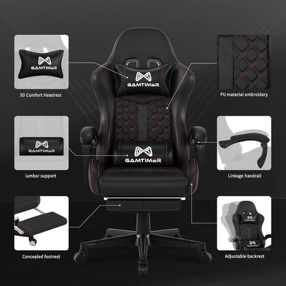 Gamtimer Gaming Chair, 400 LB Weight Capacity,with Pocket Spring Cushion | Ergonomic Backrest Office Chair,Leather, with Headrest and Lumbar Support, Footrest, Suitable for Adults(Black)