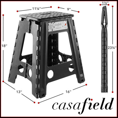 Casafield 18" Folding Step Stool with Handle, Black - Portable Collapsible Small Plastic Foot Stool for Adults - Use in the Kitchen, Bathroom and Bedroom