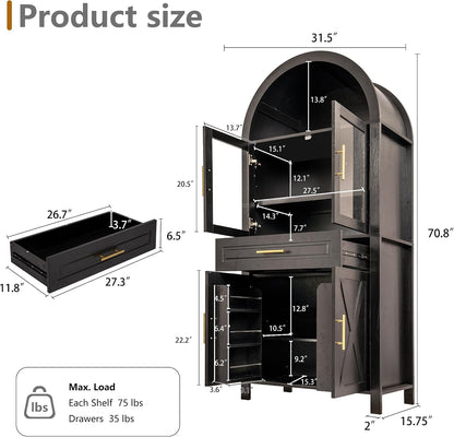Kitchen Pantry Cabinet with Arched Top, White Storage Cabinet with Adjustable Shelves, Freestanding Cupboard with Drawer and Door Organizers, 70.8H x 31.5W x 15.75D Inches (Black)