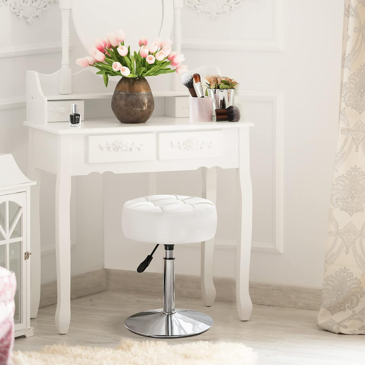 LUE BONA Adjustable Vanity Stool, 360 Swivel Chair for Makeup Room, White Faux Leather Stool for Bathroom & Living Room