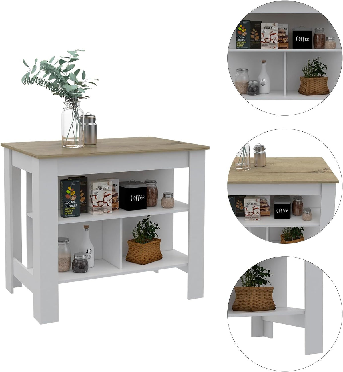 Kitchen Island with Three Shelves and Four Legs - Light Oak/White | Three shelves and four legs for stable support and ample storage