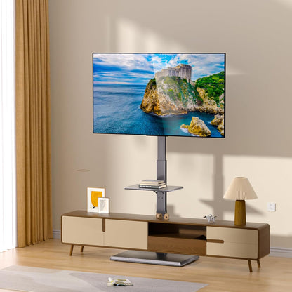TV Floor Stand with Power Outlet & Removable Shelf for 32-75 Inch TVs | 110 lbs Capacity | ±30° Swivel | Height Adjustable | Cable Management | Safety Lock | Ideal for Living Room, Bedroom, Office