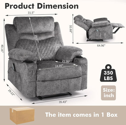 Overstuffed Massage Recliner Chair with Heat, Wide Seat Reclining Chair for Home Theater, Heated Massaging Manual Recliner Chairs with Cup Holders, Grey