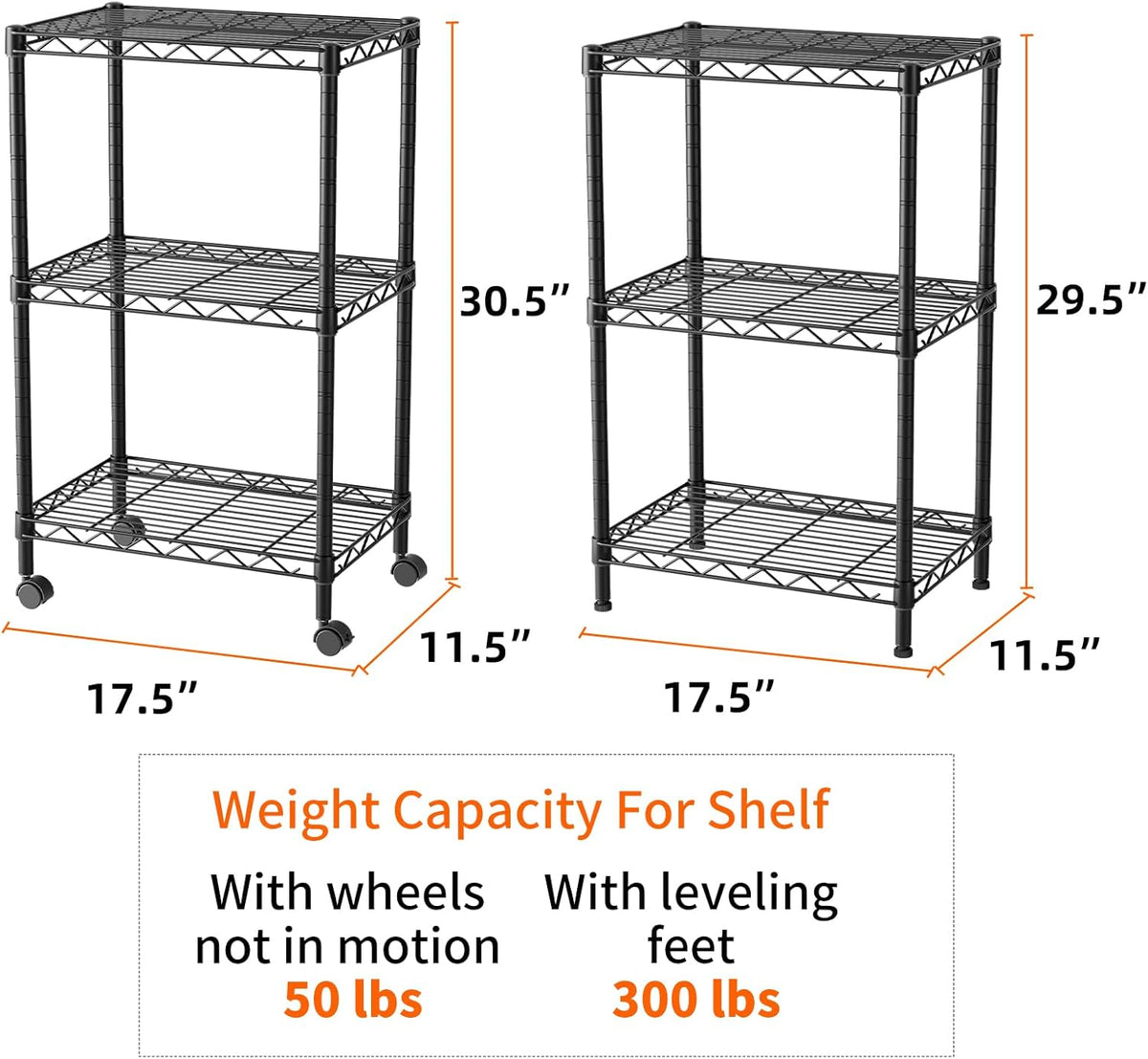 SINGAYE 3 Small Shelves Storage Shelf Wire Shelving Unit Metal Shelf Adjustable Organizers Storage Shelving with Wheels for Bathroom Laundry Room Kitchen Pantry11.5”D x 17.5”W x 30.5”H Black